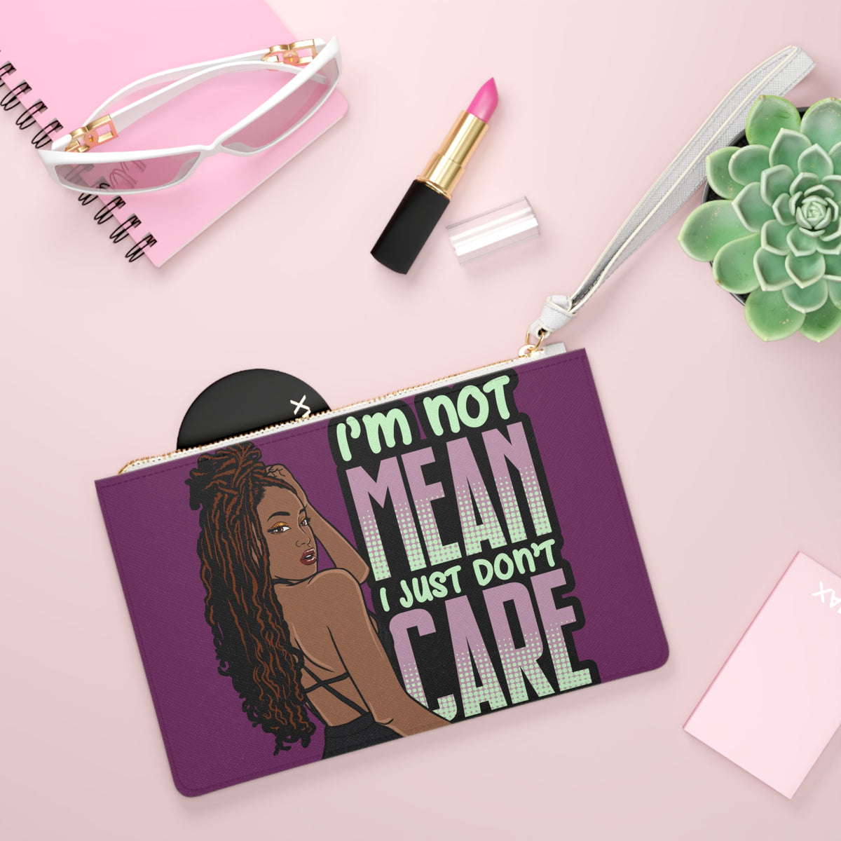 I'm Not Mean I Just Don't Care Clutch Bag | Illustrated Woman Graphic