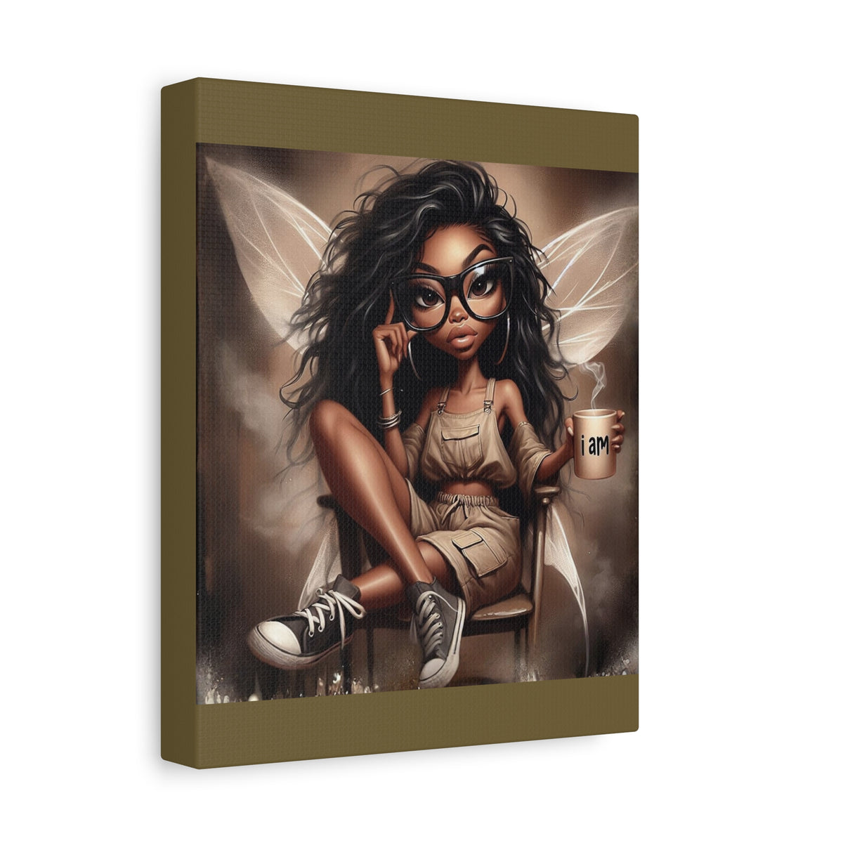 Black Fairy with Glasses holding 'I am' Mug Canvas