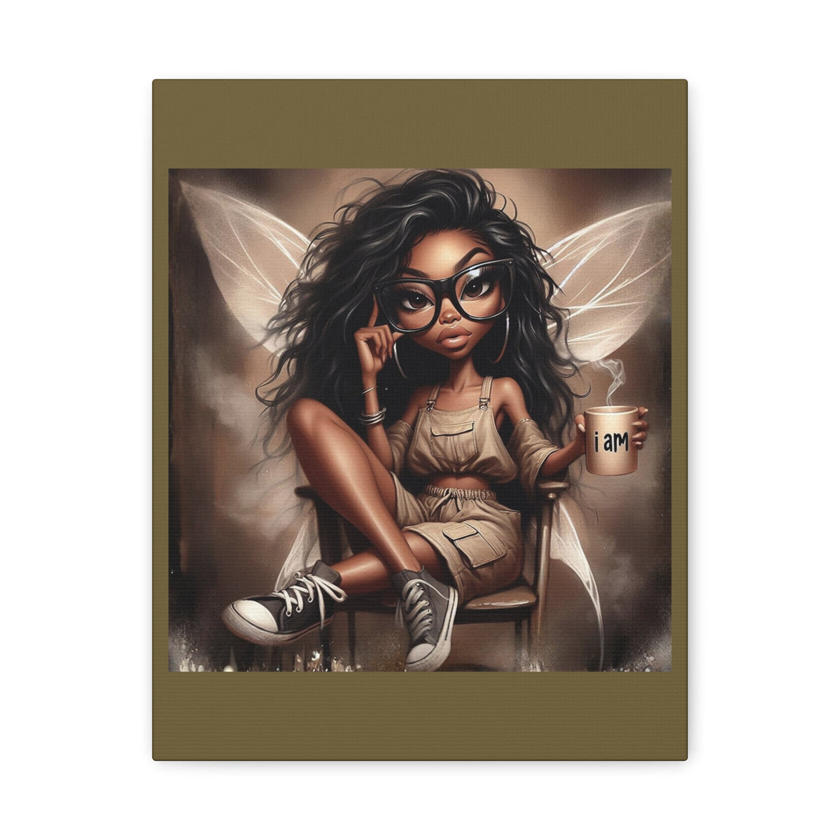 Black Fairy with Glasses holding 'I am' Mug Canvas