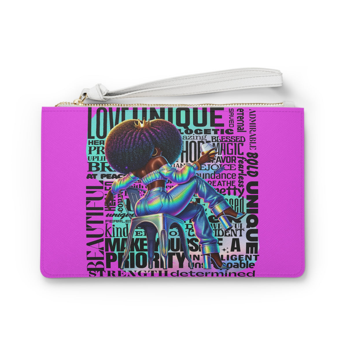 Afro Girl Typography Clutch Bag | Empowerment Words, Pink Wristlet