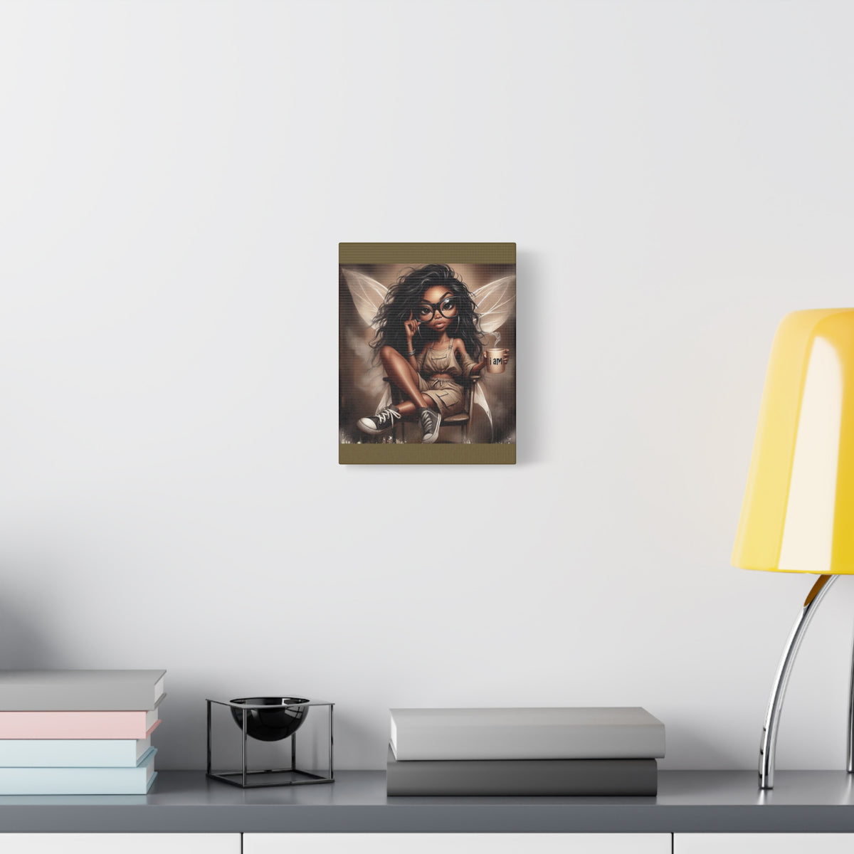 Black Fairy with Glasses holding 'I am' Mug Canvas