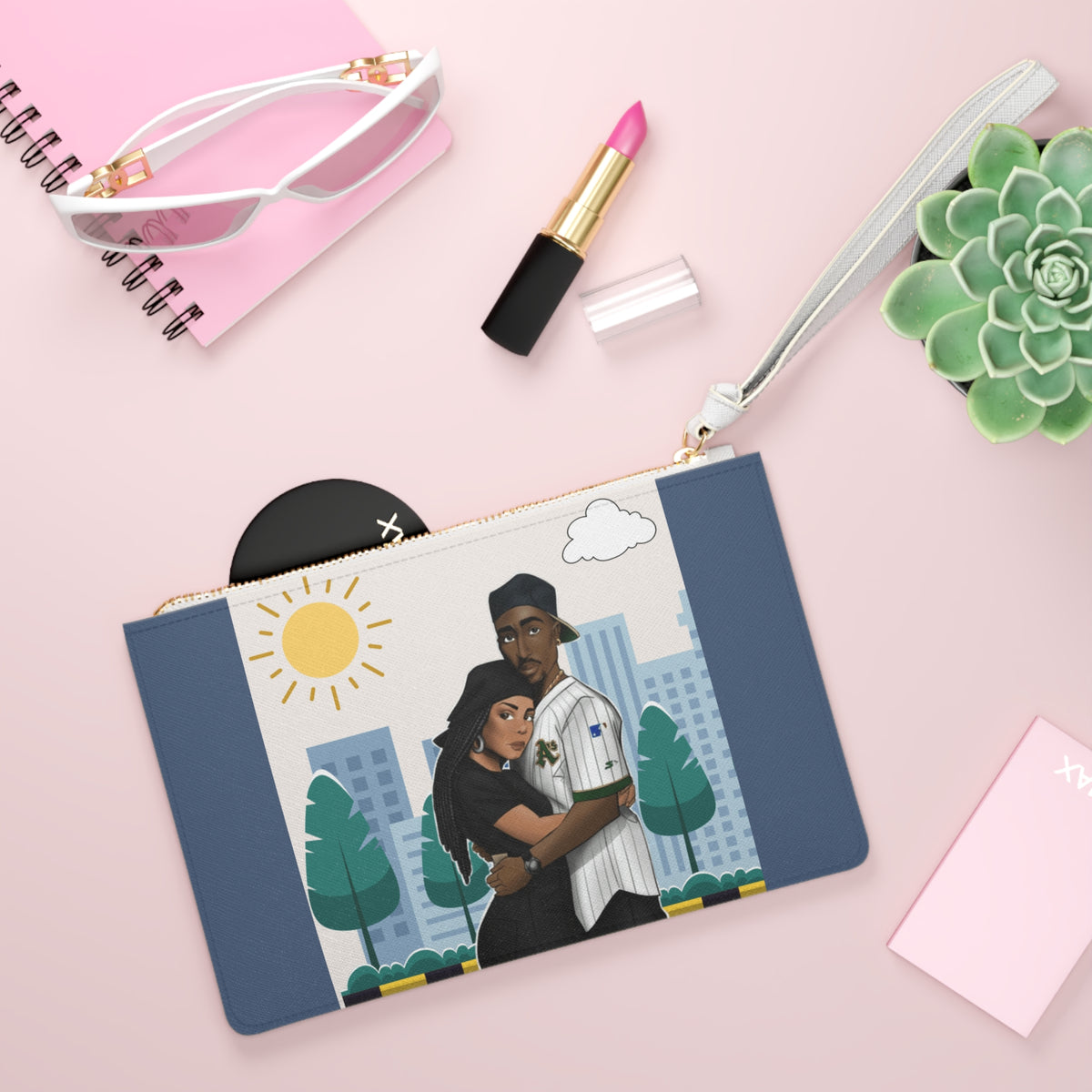 Couple Embrace Illustration Clutch Bag | City Park Sunset