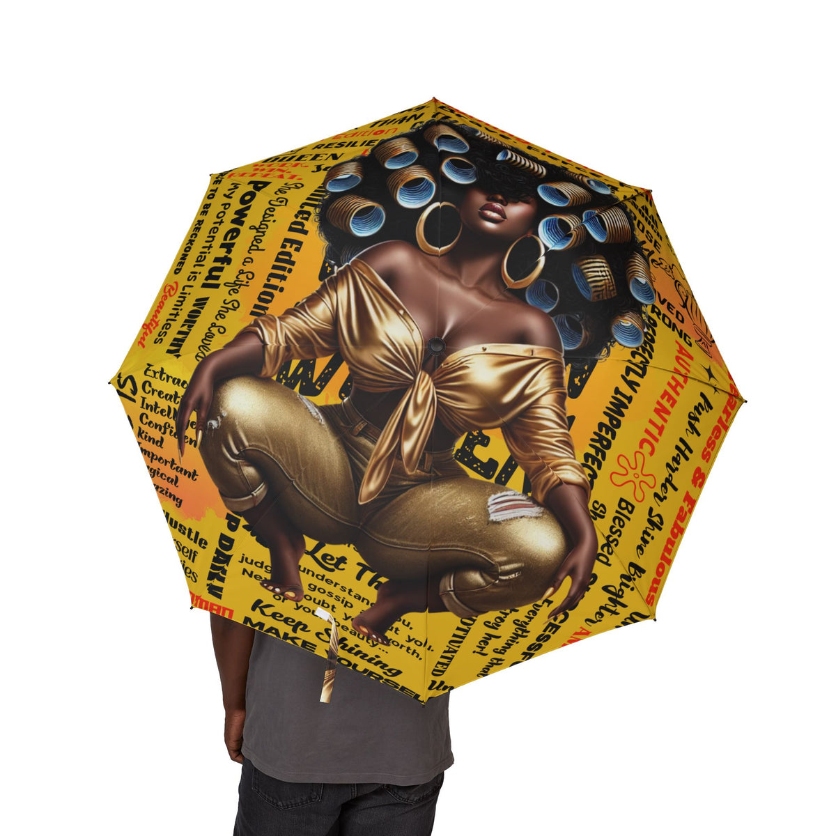 Retro Pop Art Woman with Curlers Umbrella | Foldable Rain Accessory