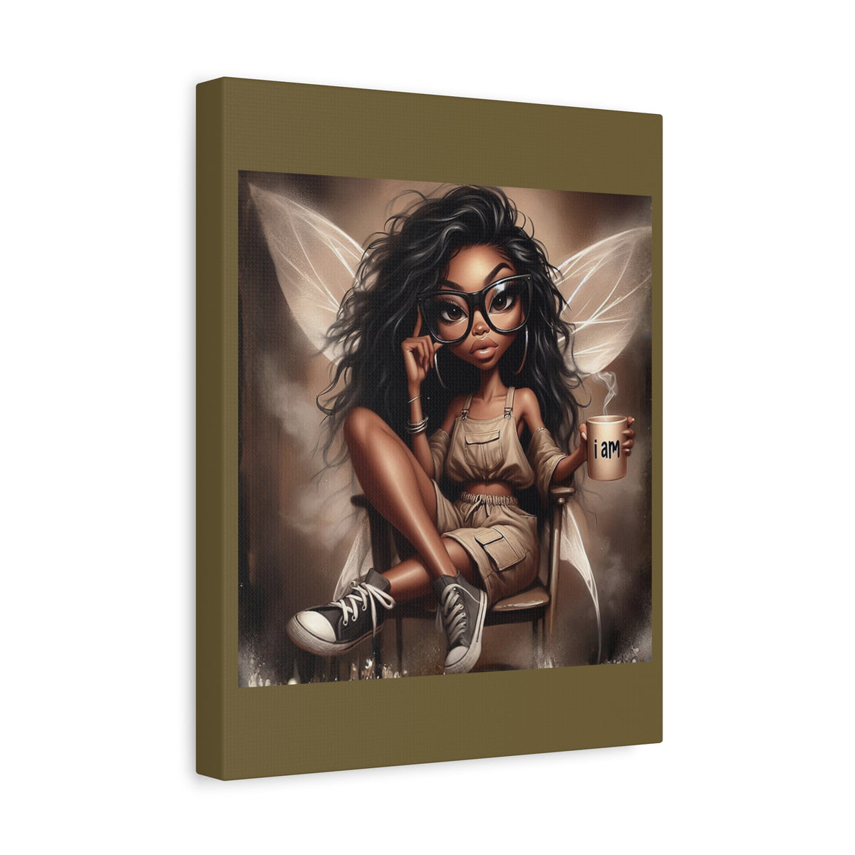 Black Fairy with Glasses holding 'I am' Mug Canvas