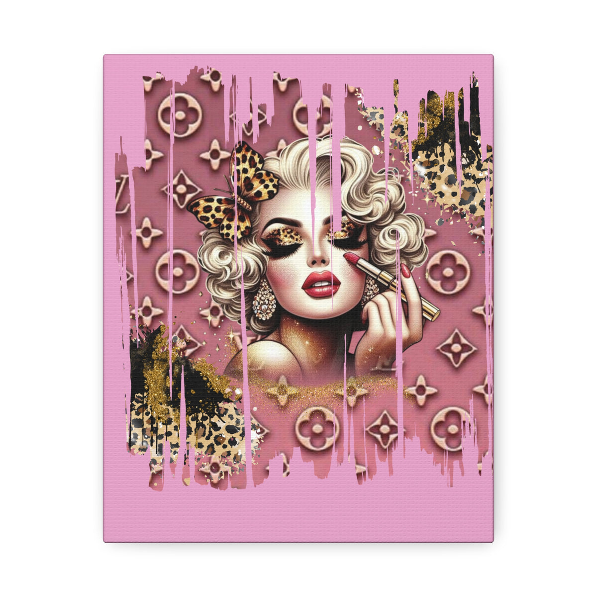 Pinup Glam Portrait Stretched Canvas | Pink Leopard Pop Art