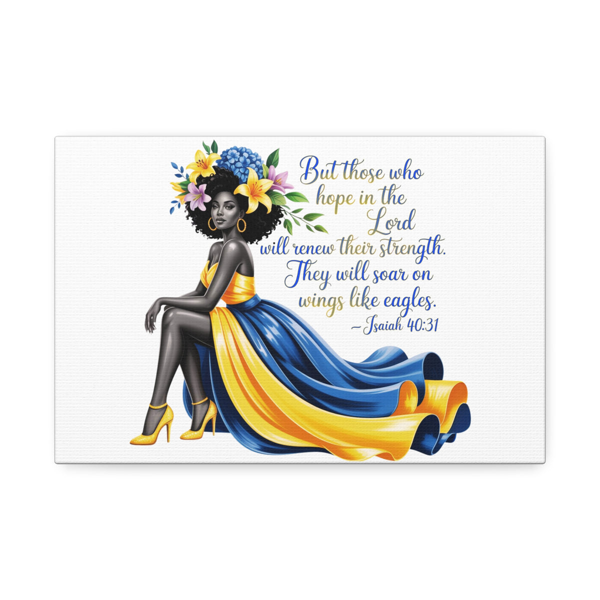 Isaiah 40:31 Black Woman with Yellow Blue Gown Canvas