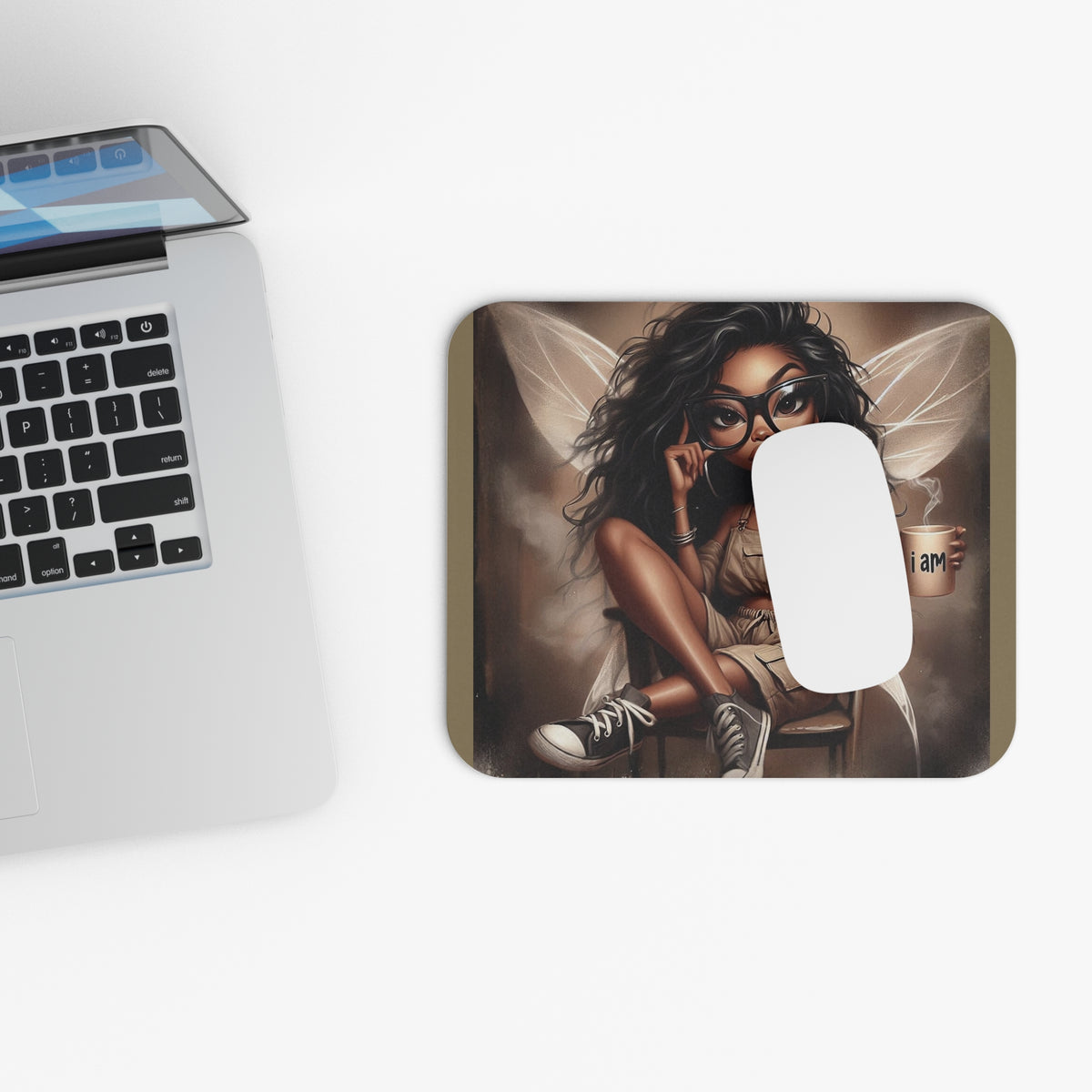 Afro Fairy with Coffee Mouse Pad | Cute Black Girl Illustration