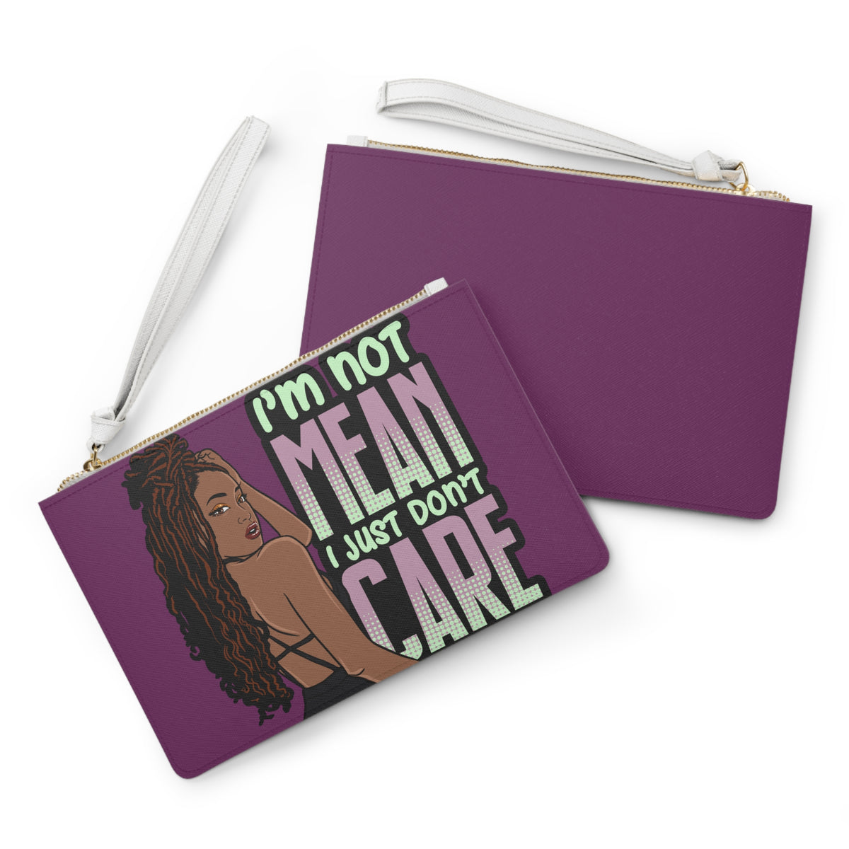 I'm Not Mean I Just Don't Care Clutch Bag | Illustrated Woman Graphic