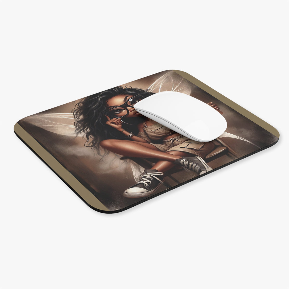 Afro Fairy with Coffee Mouse Pad | Cute Black Girl Illustration