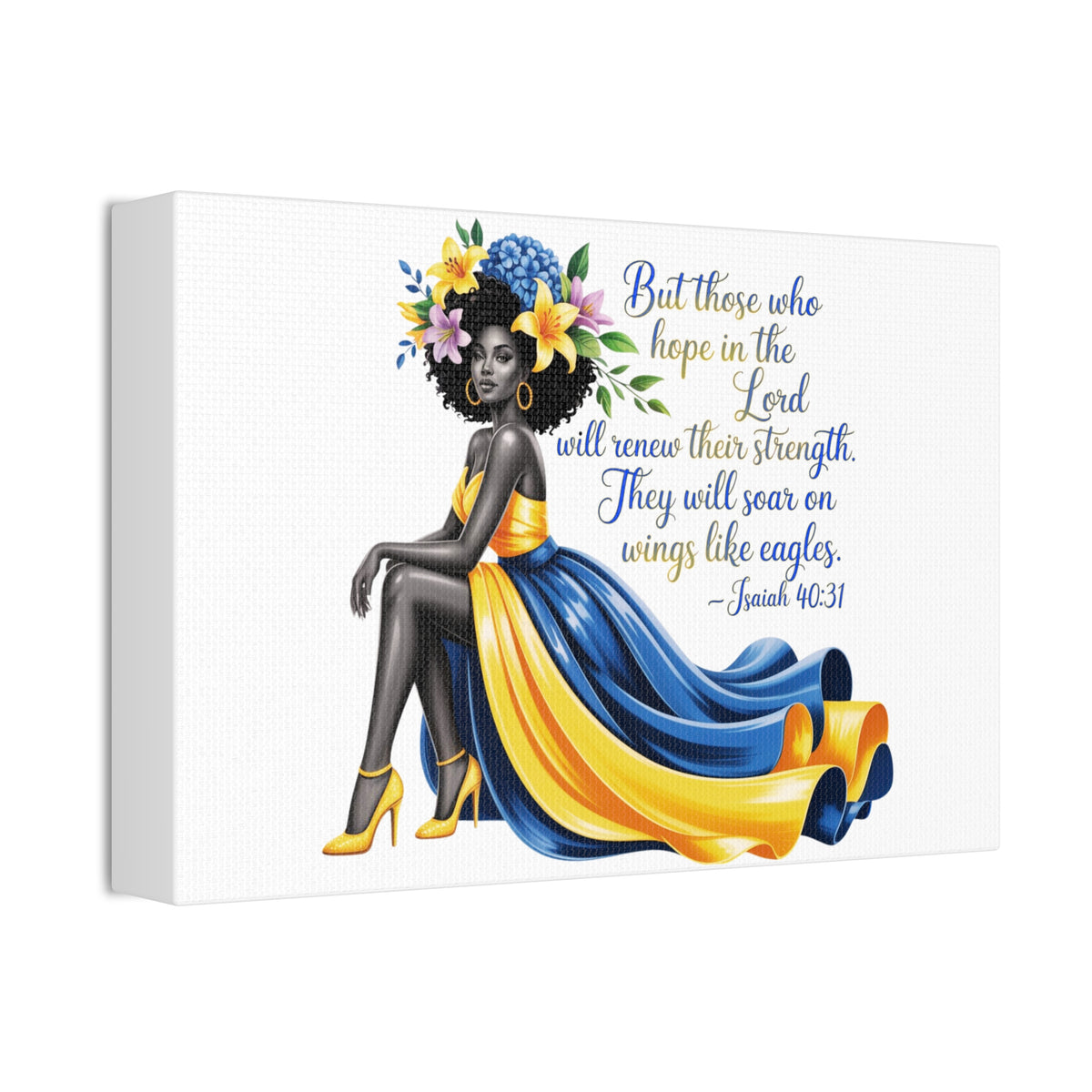 Isaiah 40:31 Black Woman with Yellow Blue Gown Canvas