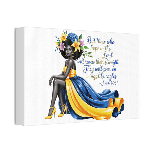 Isaiah 40:31 Black Woman with Yellow Blue Gown Canvas