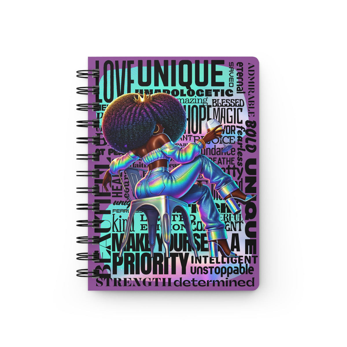 Afro Girl Self-Love Typography Spiral Bound Journal | Empowerment Words