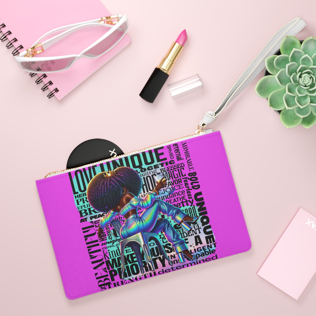 Afro Girl Typography Clutch Bag | Empowerment Words, Pink Wristlet