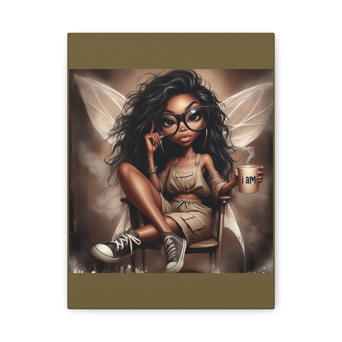 Black Fairy with Glasses holding 'I am' Mug Canvas