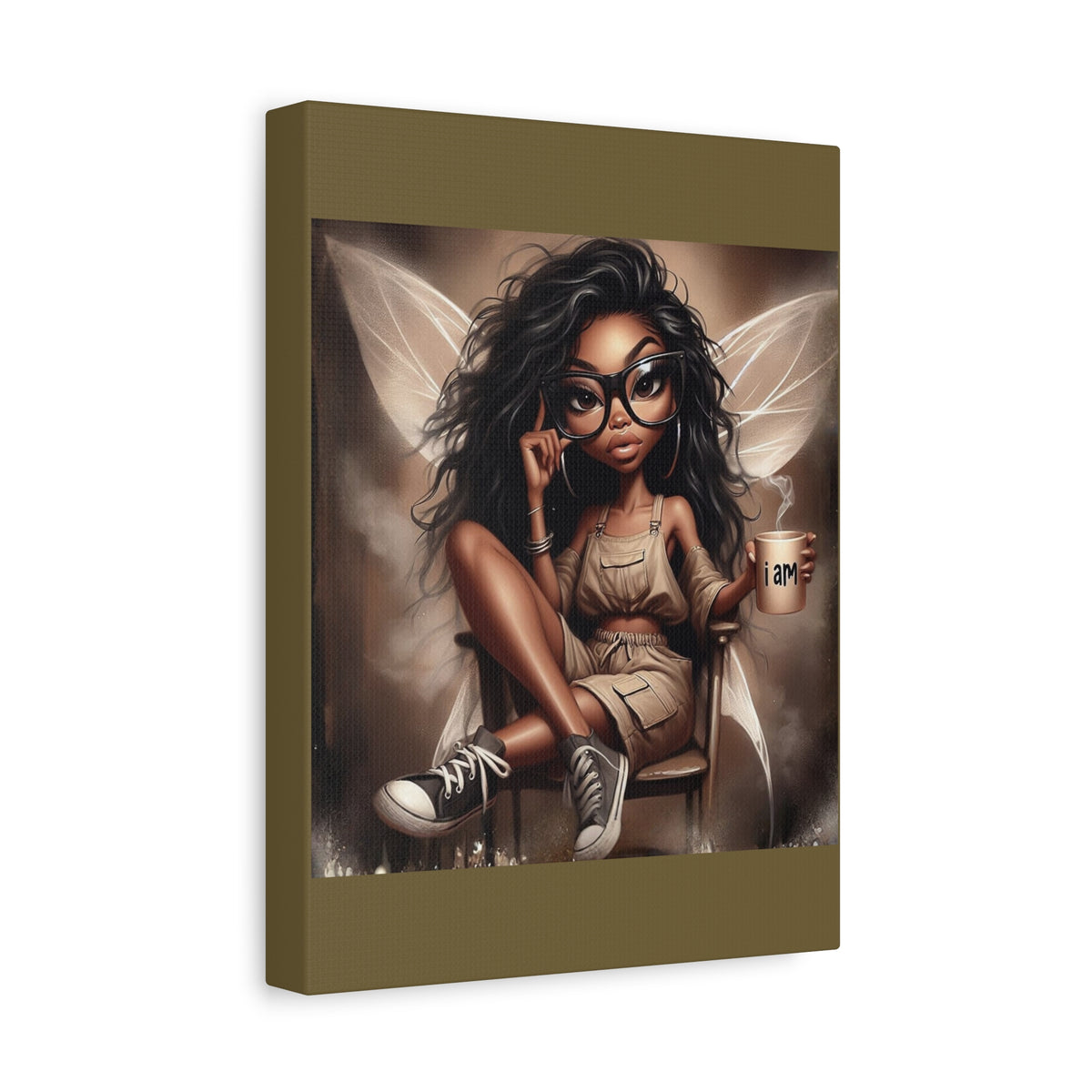 Black Fairy with Glasses holding 'I am' Mug Canvas