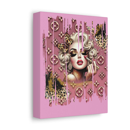 Pinup Glam Portrait Stretched Canvas | Pink Leopard Pop Art