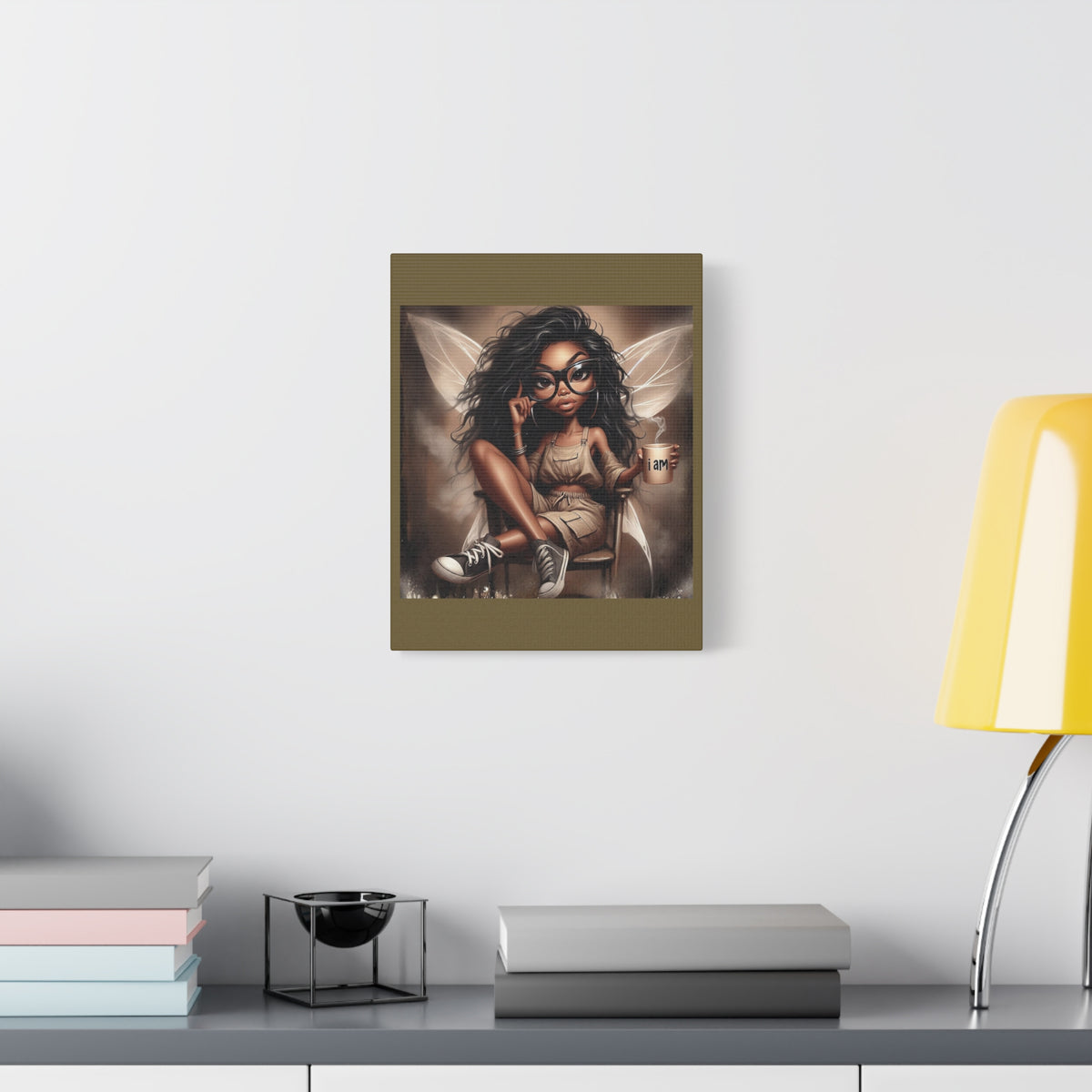 Black Fairy with Glasses holding 'I am' Mug Canvas