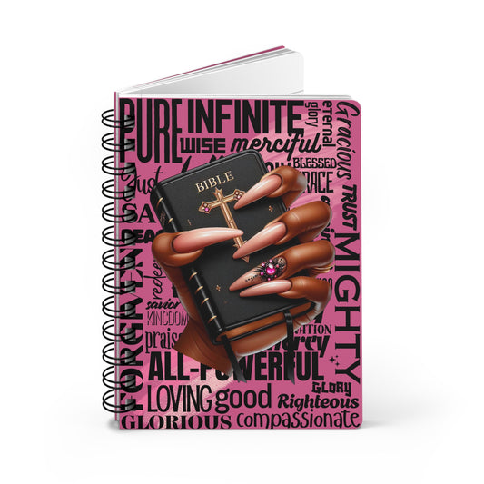 Black Woman Hands Holding Bible Spiral Bound Journal | Christian Faith Words Pink
