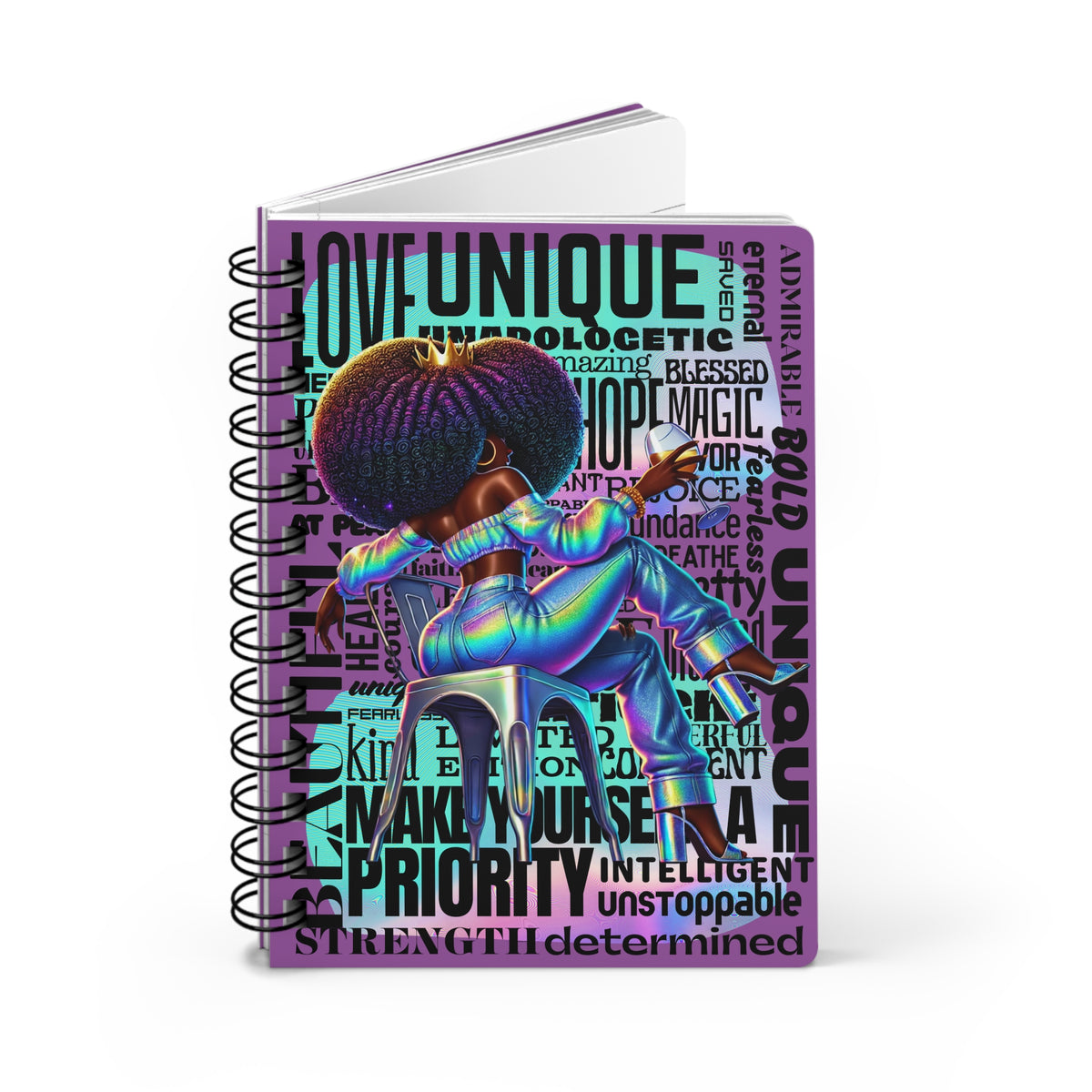 Afro Girl Self-Love Typography Spiral Bound Journal | Empowerment Words