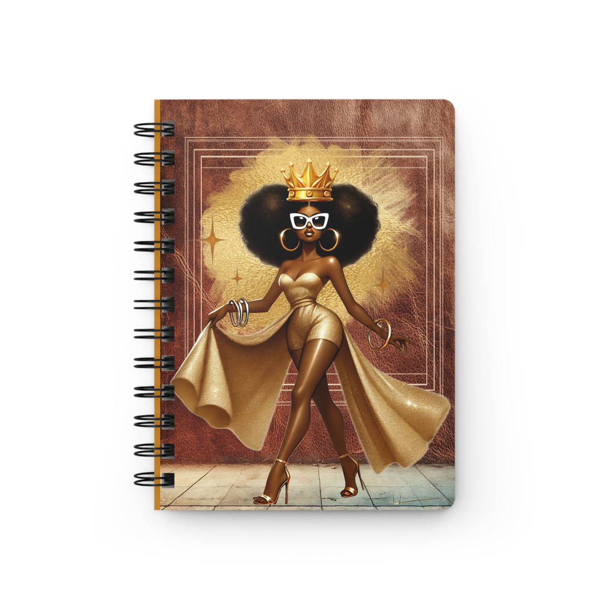 Afro Queen Illustration Spiral Bound Journal | Crowned Fashionista Notebook