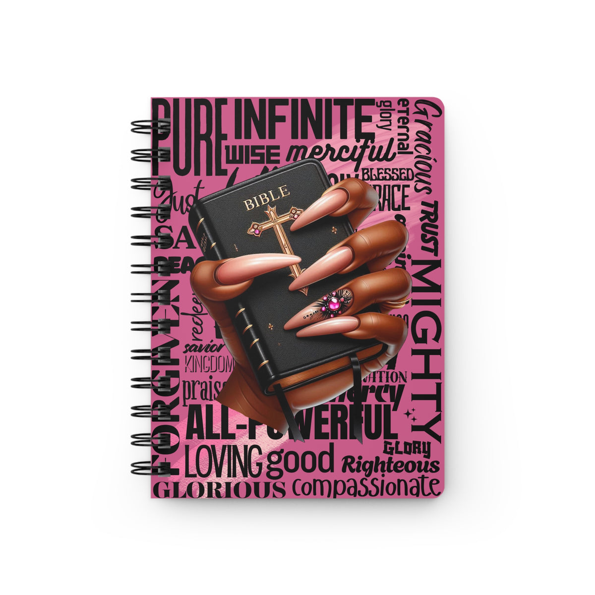 Black Woman Hands Holding Bible Spiral Bound Journal | Christian Faith Words Pink
