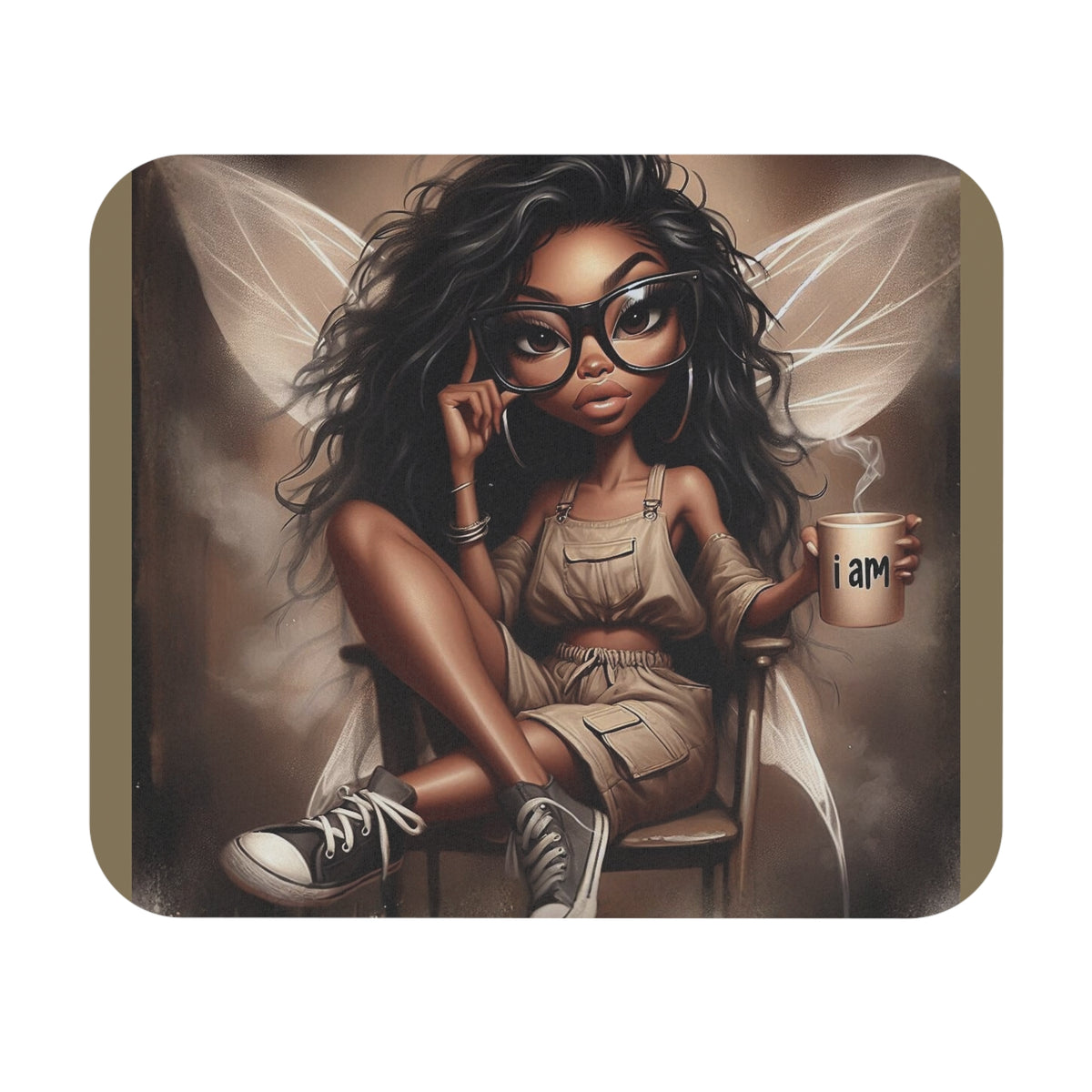 Afro Fairy with Coffee Mouse Pad | Cute Black Girl Illustration