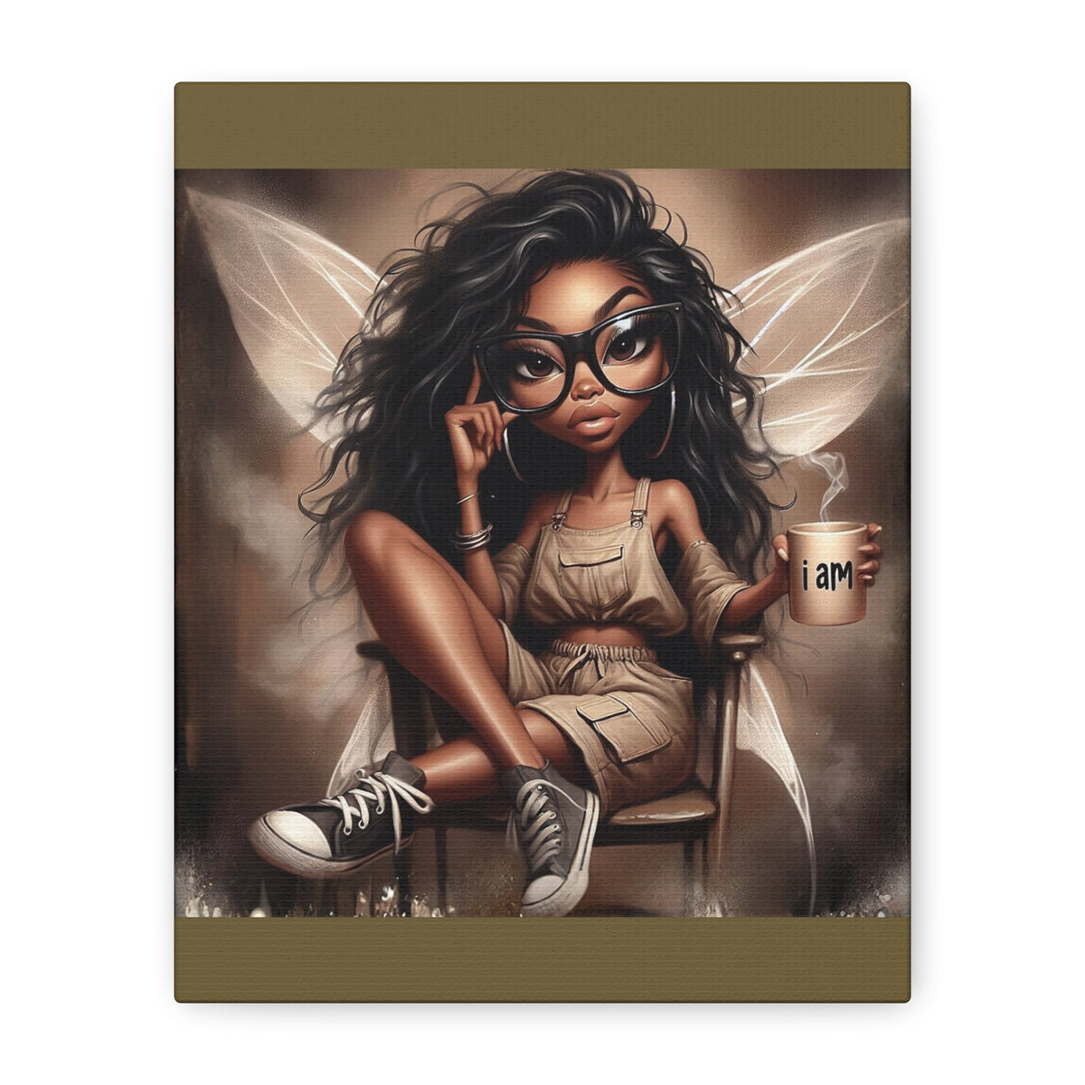 Black Fairy with Glasses holding 'I am' Mug Canvas
