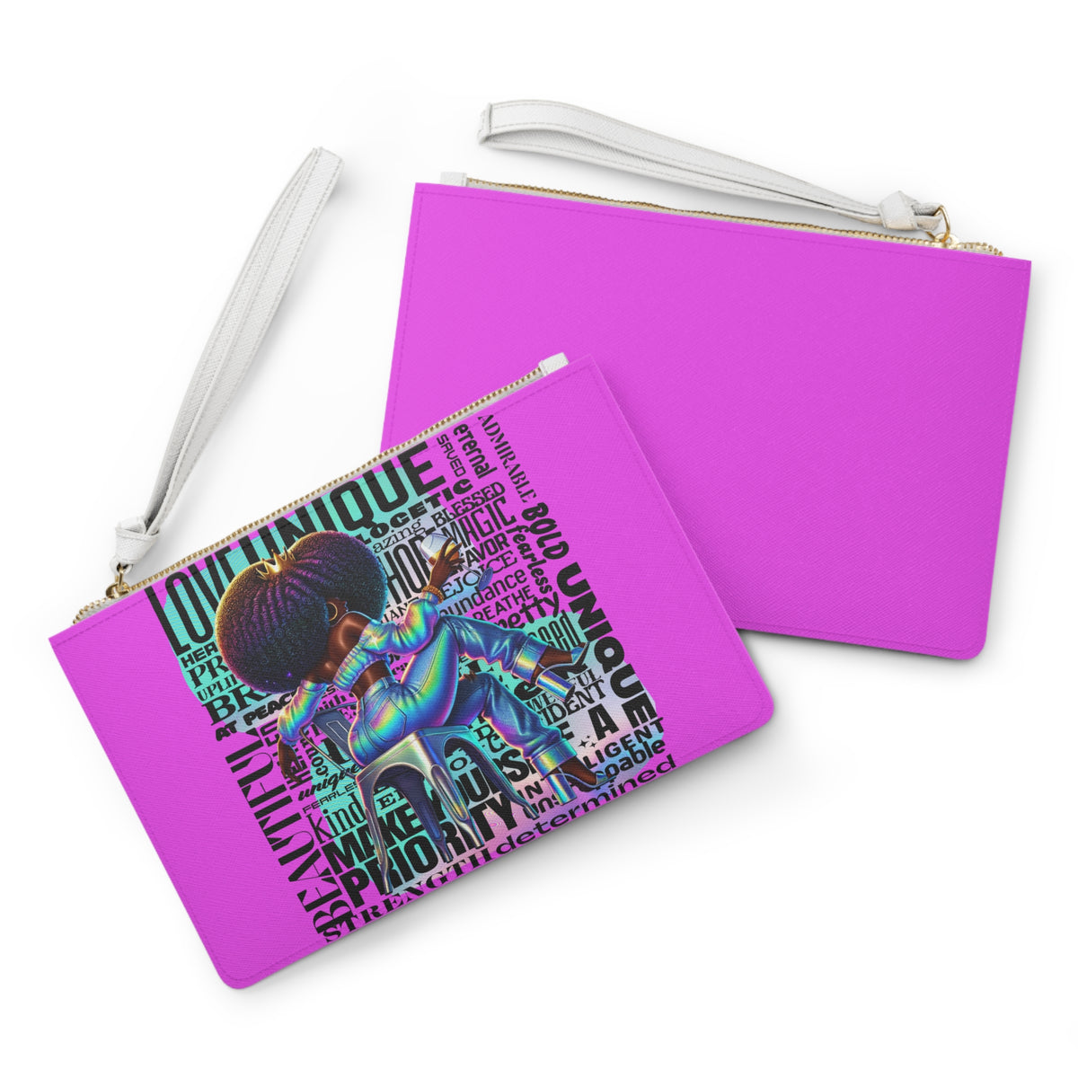 Afro Girl Typography Clutch Bag | Empowerment Words, Pink Wristlet