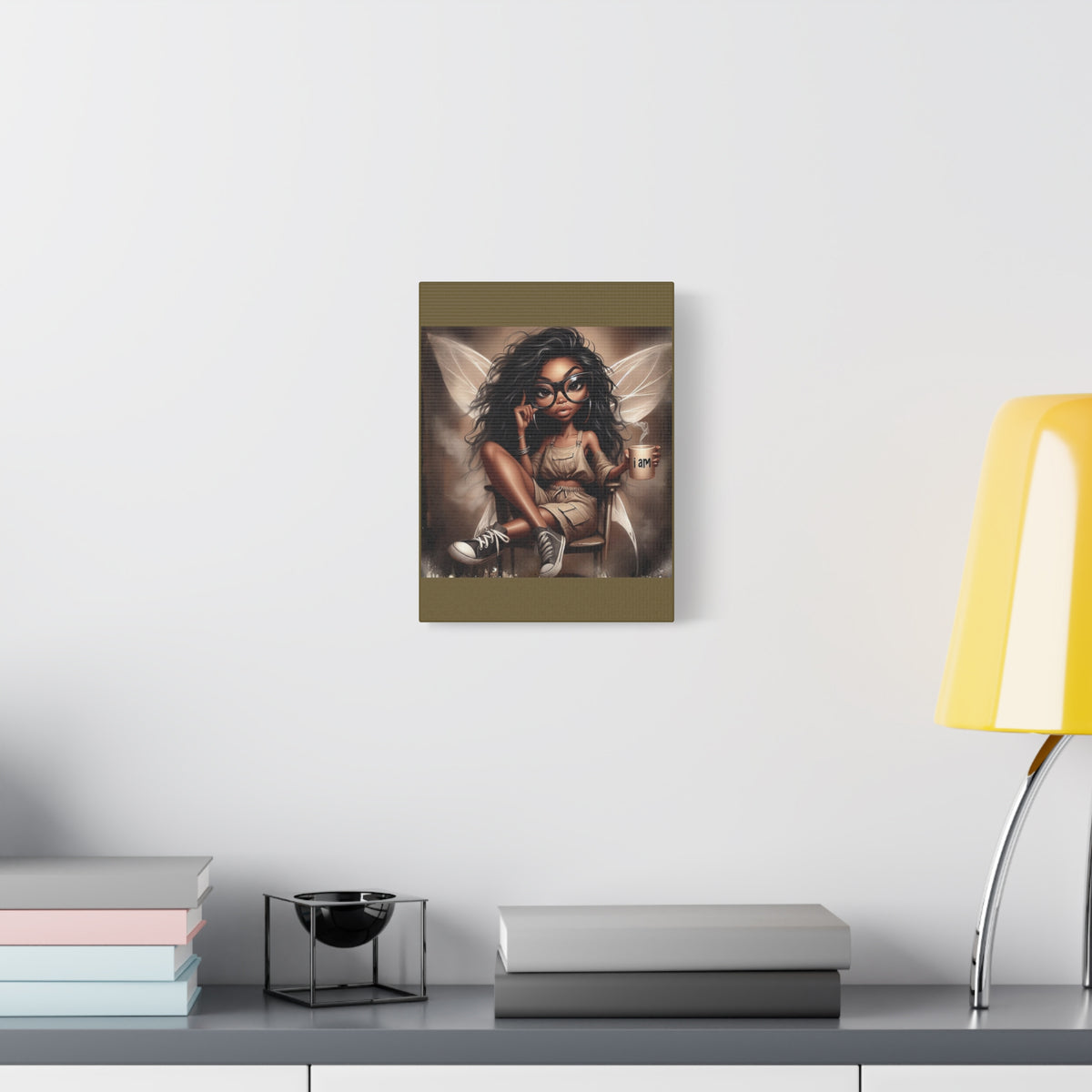 Black Fairy with Glasses holding 'I am' Mug Canvas