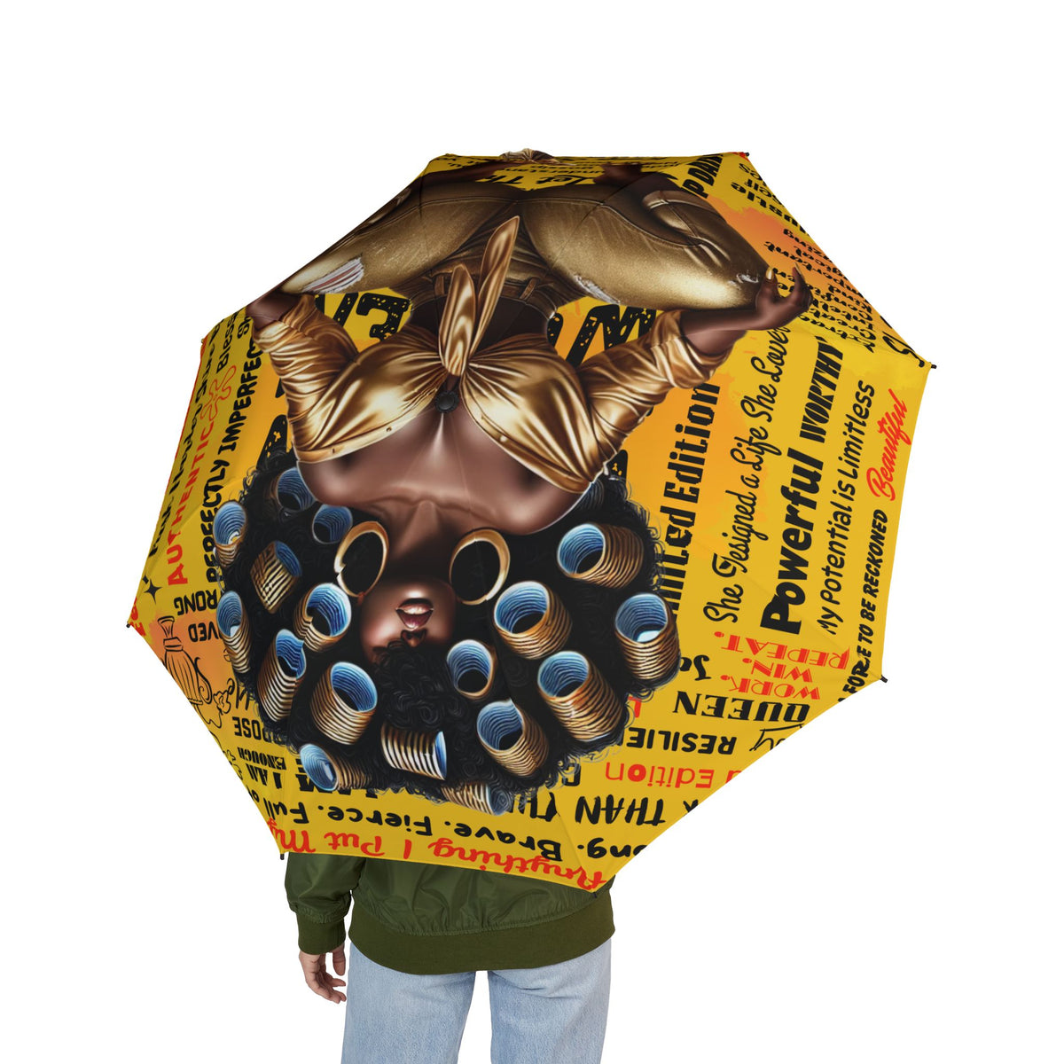 Retro Pop Art Woman with Curlers Umbrella | Foldable Rain Accessory